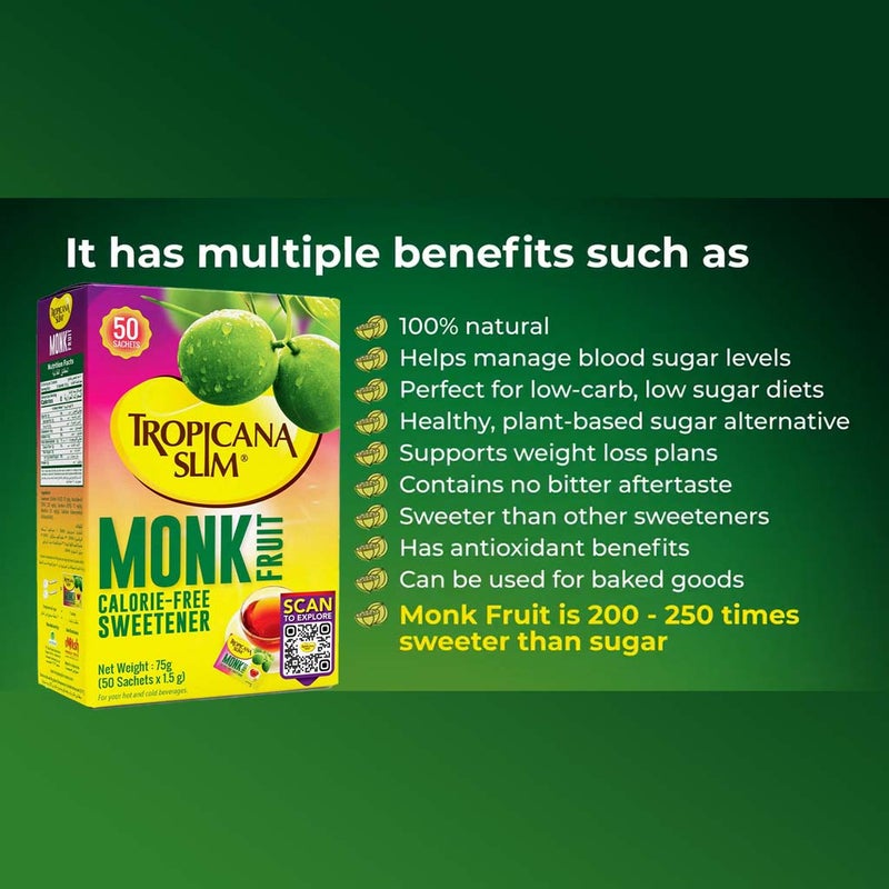 Tropicana Slim Monk Fruit Calorie Free Sweetener Sachets, Pack of 50's