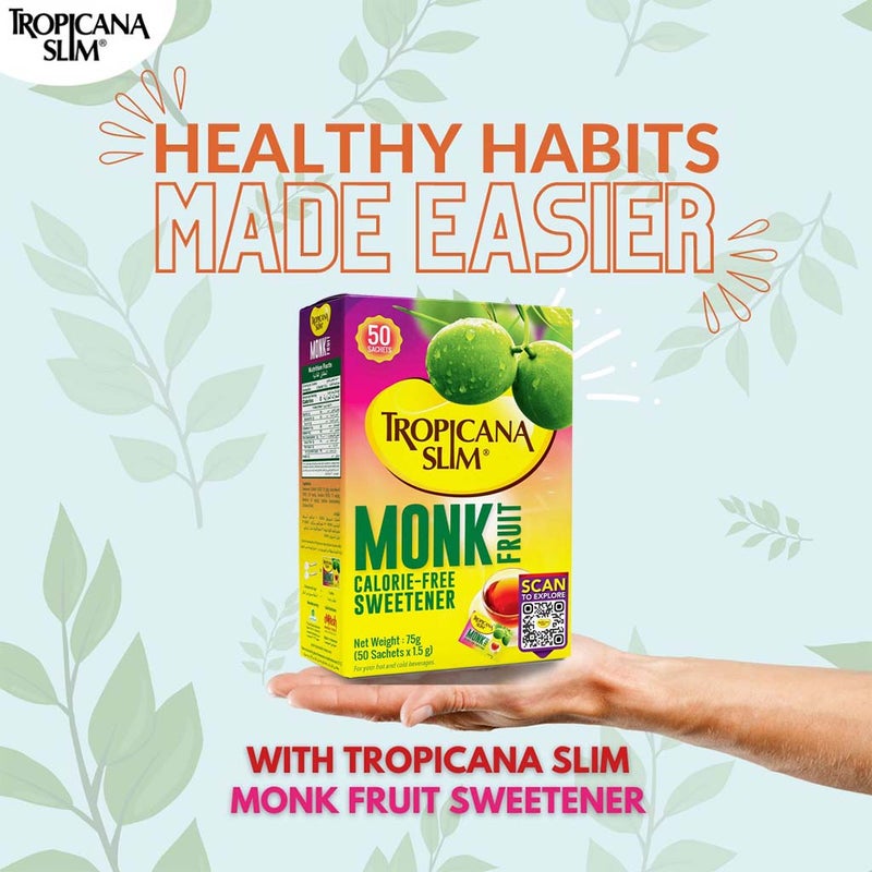 Tropicana Slim Monk Fruit Calorie Free Sweetener Sachets, Pack of 50's