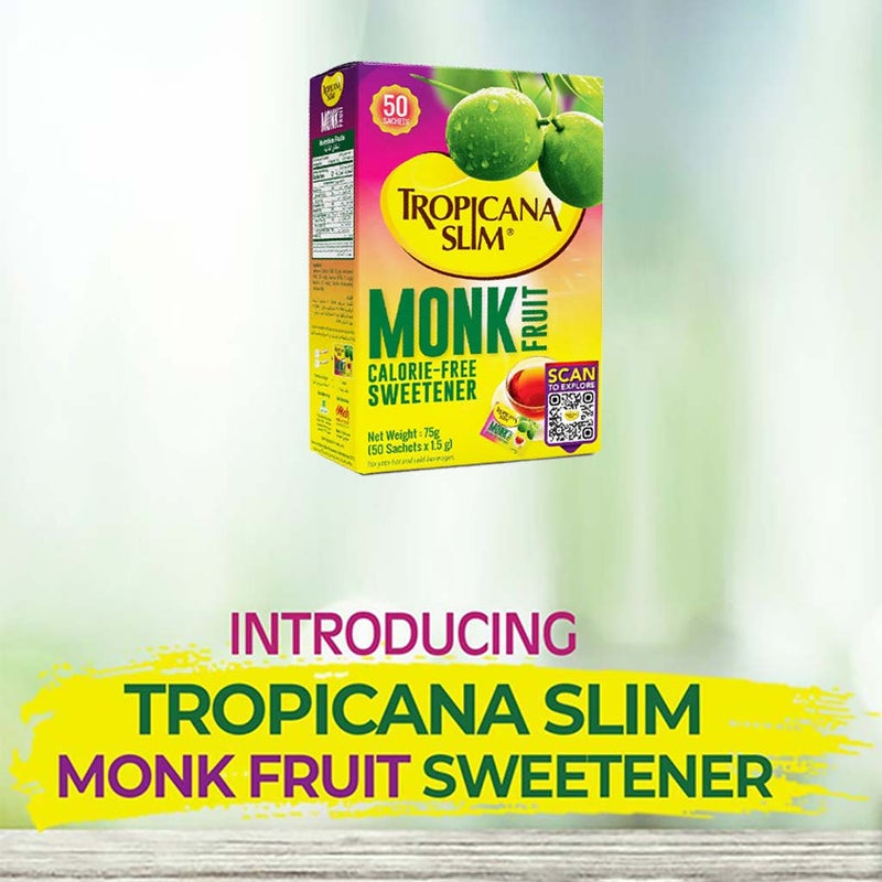 Tropicana Slim Monk Fruit Calorie Free Sweetener Sachets, Pack of 50's
