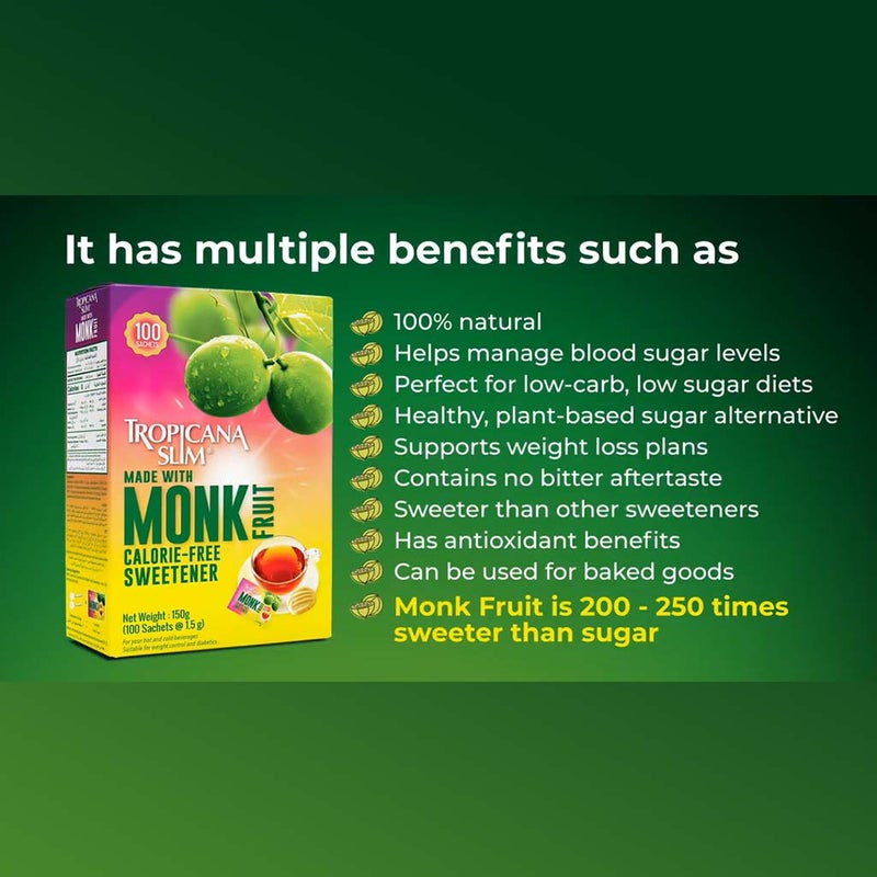 Tropicana Slim Monk Fruit Calorie Free Sweetener Sachets, Pack of 100's