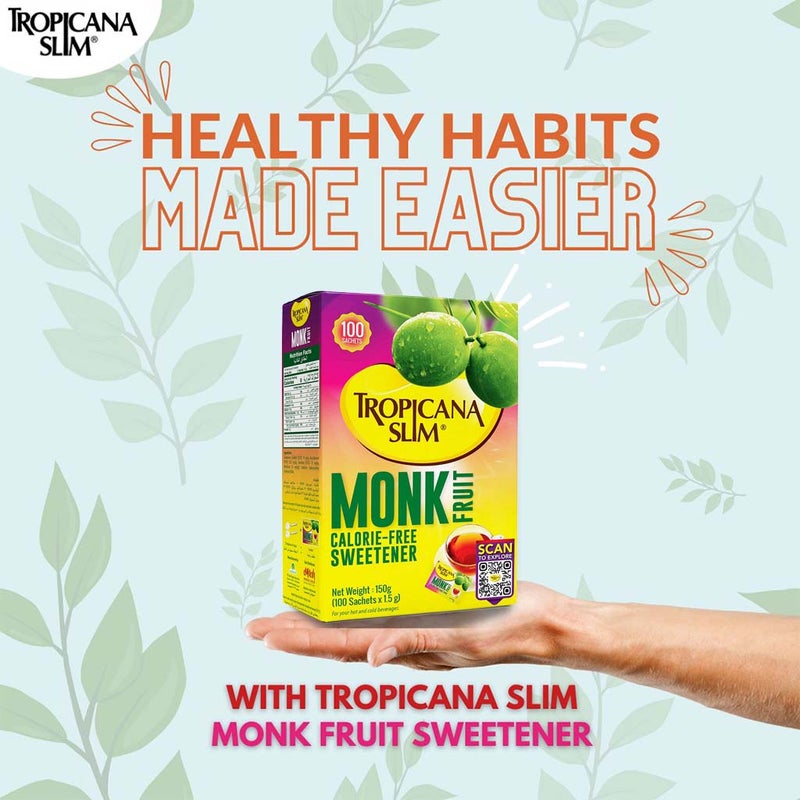 Tropicana Slim Monk Fruit Calorie Free Sweetener Sachets, Pack of 100's