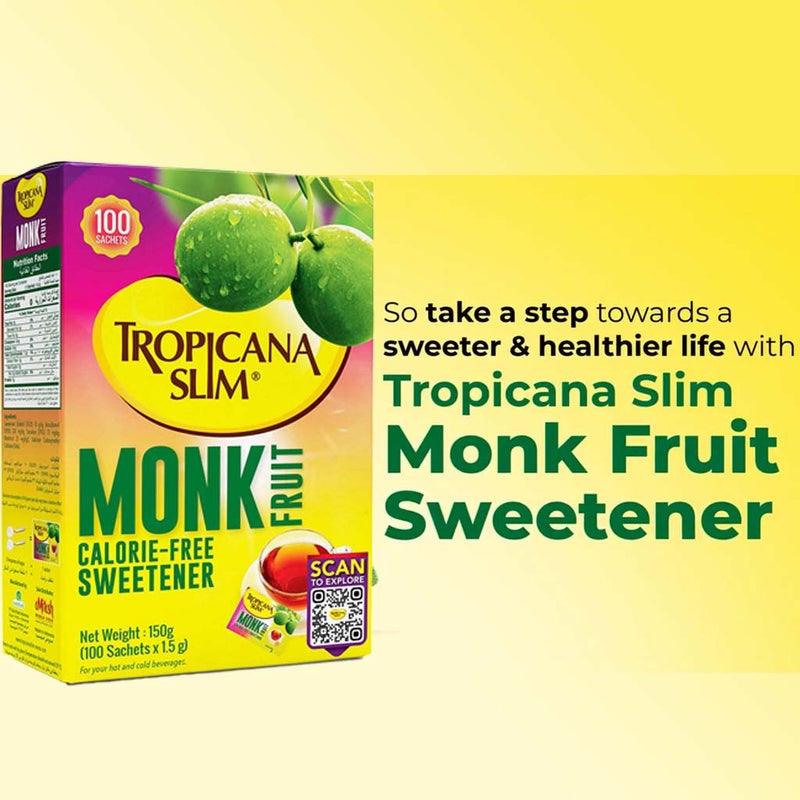 Tropicana Slim Monk Fruit Calorie Free Sweetener Sachets, Pack of 100's