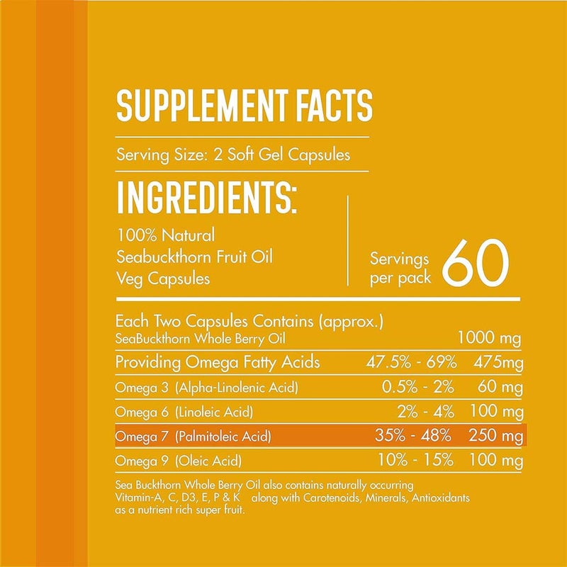 Berryheal Life Oil Omega 7 Rich Vegan Sea Buckthorn Berry Capsules For Diabetes Support, Weight Management & Healthy Skin, Pack of 60's