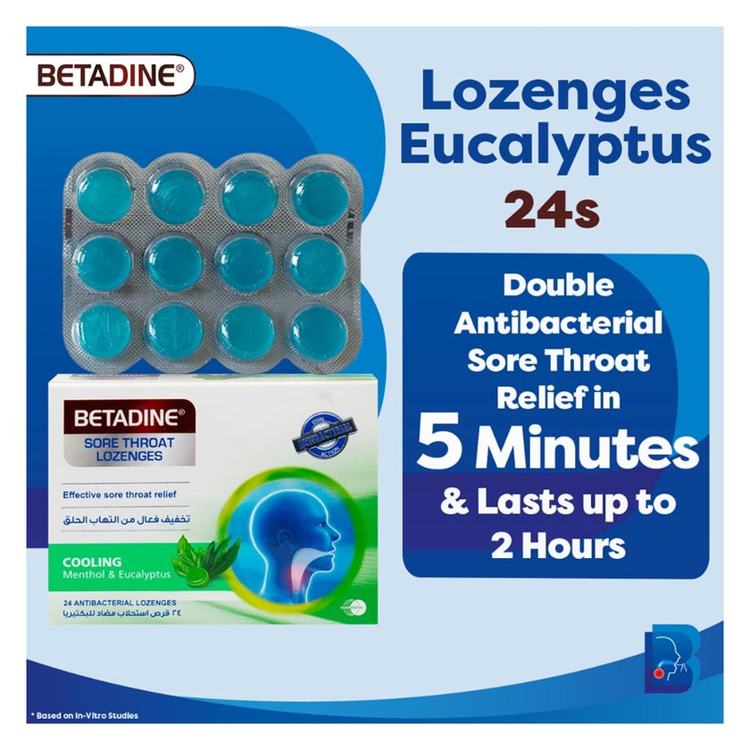 Betadine Sore Throat Antibacterial Lozenges With Cooling Menthol & Eucalyptus, Pack of 24's
