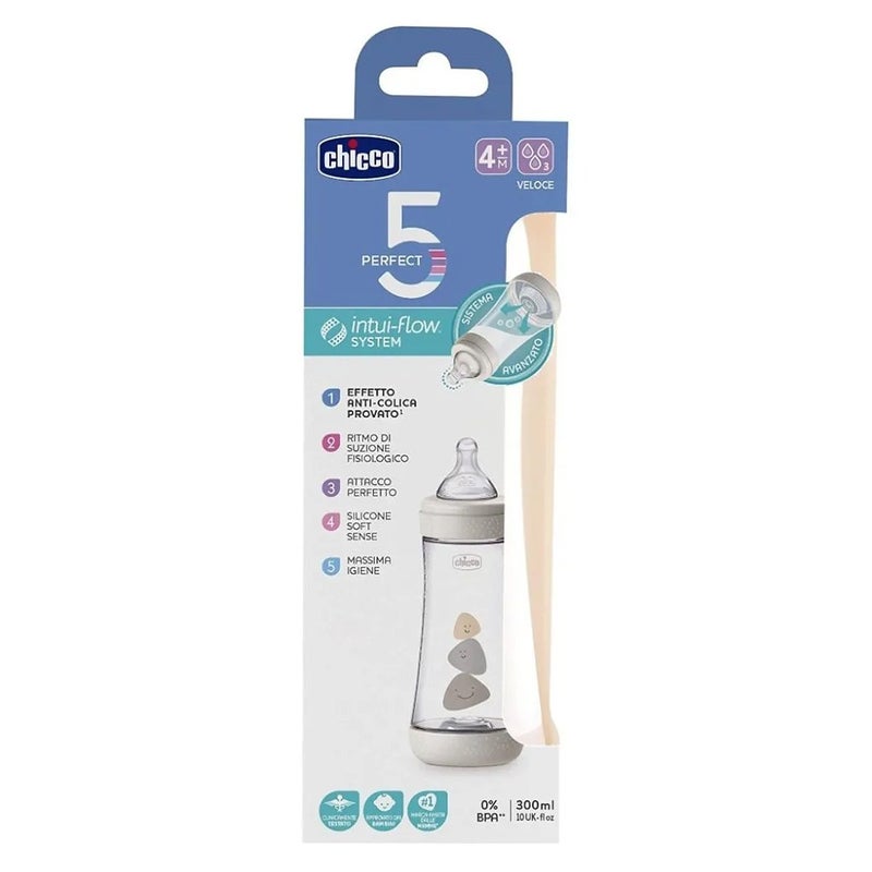Chicco Perfect 5 Fast Flow Neutral Silicone Baby Feeding Bottle For 4+ Months - Neutral 300ml