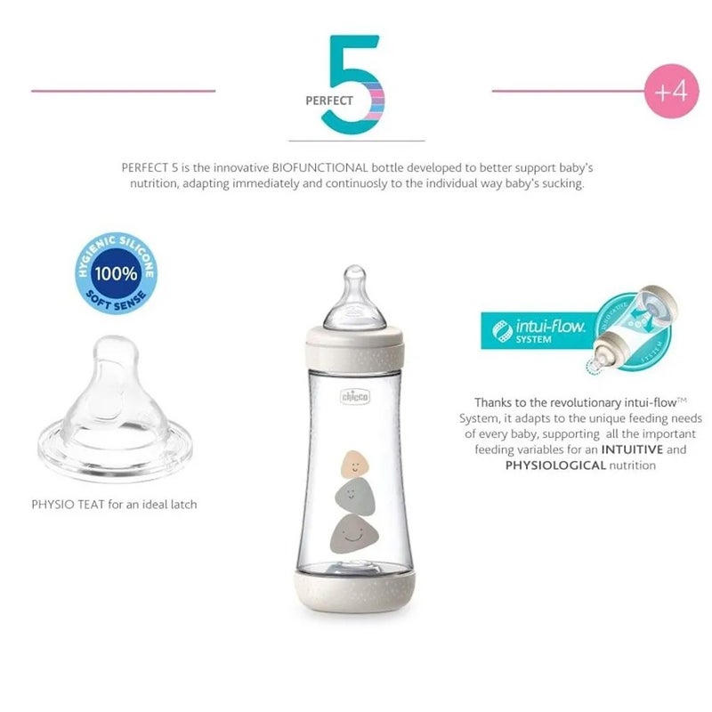 Chicco Perfect 5 Fast Flow Neutral Silicone Baby Feeding Bottle For 4+ Months - Neutral 300ml
