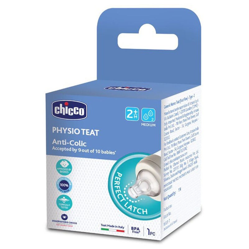 Chicco Physio Teat Anti-Colic Perfect Latch Medium Flow Silicone Baby Teat For 2 Months+, Pack of 2's