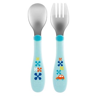Chicco Stainless Steel Metal Cutlery Set Of Spoon & Fork For 18+ Months, Blue, Set of 2 Pieces