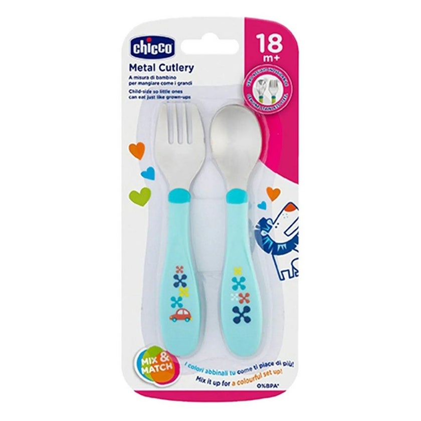 Chicco Stainless Steel Metal Cutlery Set Of Spoon & Fork For 18+ Months, Blue, Set of 2 Pieces