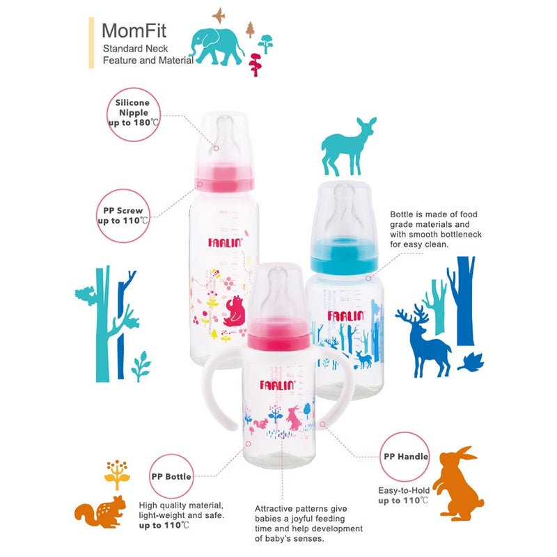 Farlin Animal Series 240ml Standard Neck PP Feeding Bottle With Handle For 3 Months+ Baby, Pack of 1's