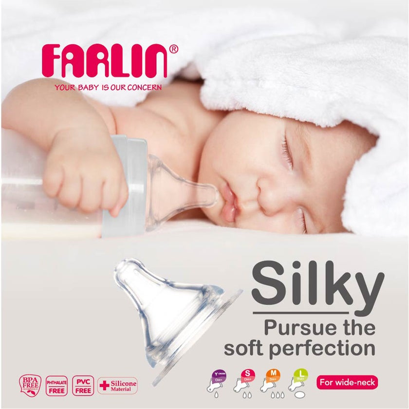Farlin Anti-Colic Silicone Silky Nipple For Wide Neck Bottle For 0 Months+ Baby, Small AC - 22004 (S)