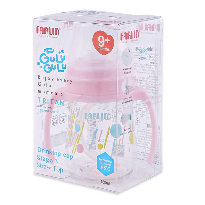 Farlin Stage 3 150ml Tritan Crystal Transparent Drinking Cup With Straw For 9+ Months Assorted