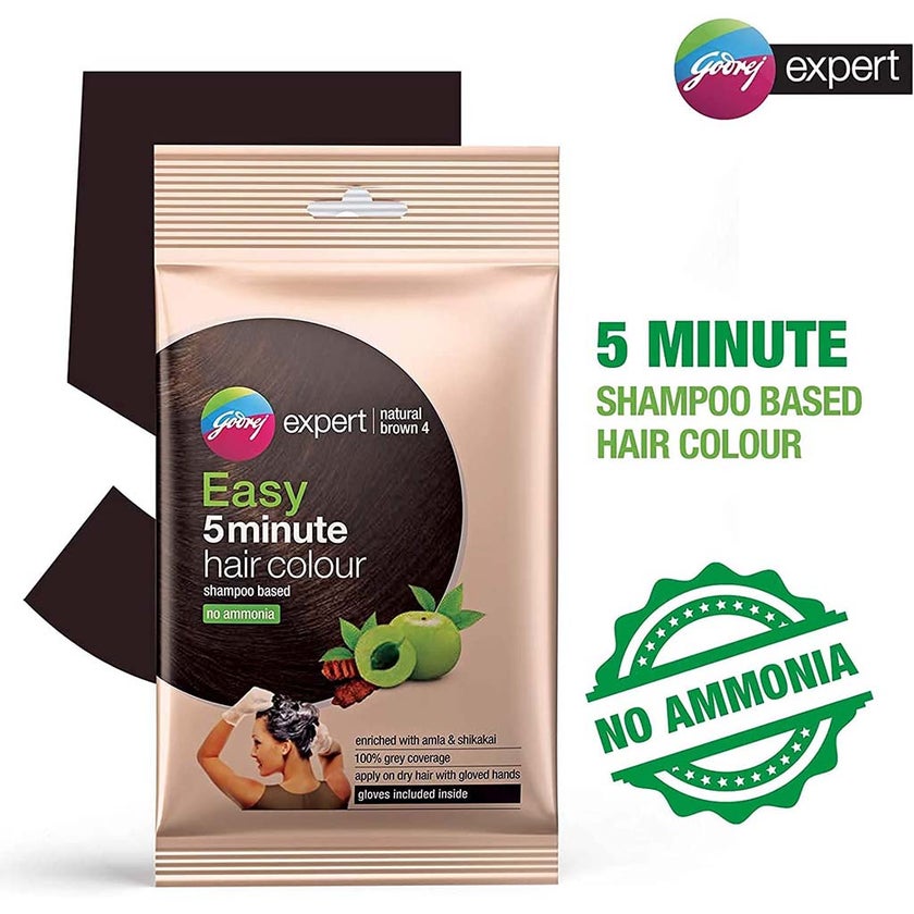 Godrej Expert Easy 5-Minute Hair Color Shampoo With No Ammonia, Natural Brown, Pack of 8 x 18ml