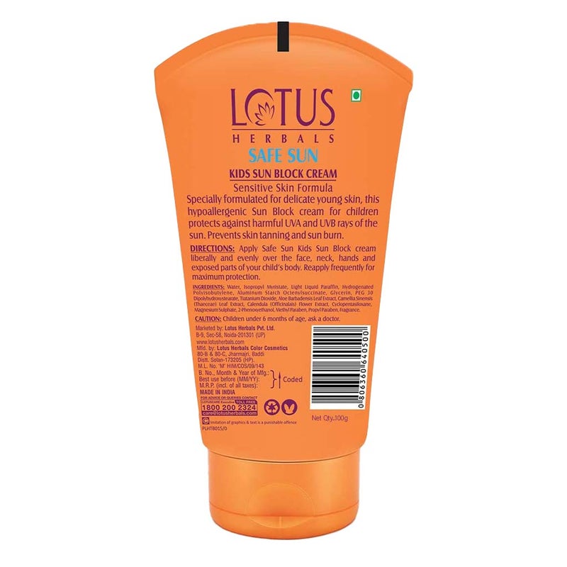 Lotus Herbals Safe Sun SPF 25 Kids Sun Block Cream Sensitive Skin Formula 100g