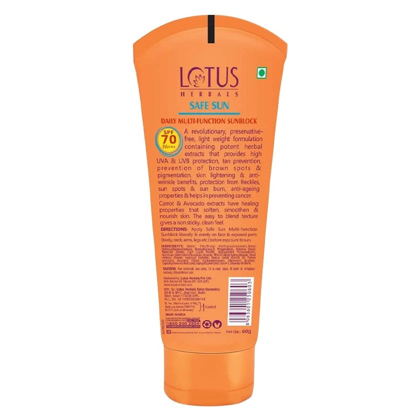 Lotus Herbals Safe Sun Daily Multi-function SPF 70 PA+++ Face Sun Block For All Skin Types 60g
