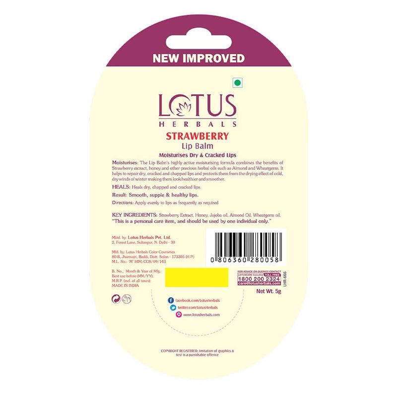 Lotus Herbals Strawberry Lip Balm For Dry And Cracked Lips 5g