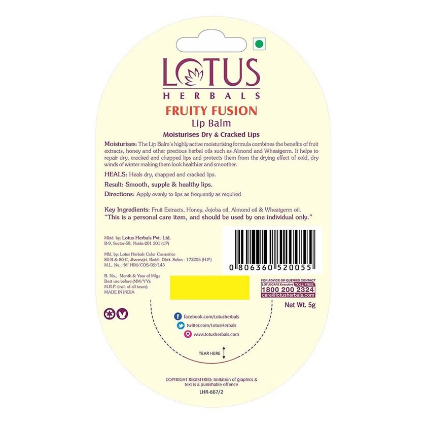 Lotus Herbals Fruity Fusion Lip Balm For Dry And Cracked Lips, 5g