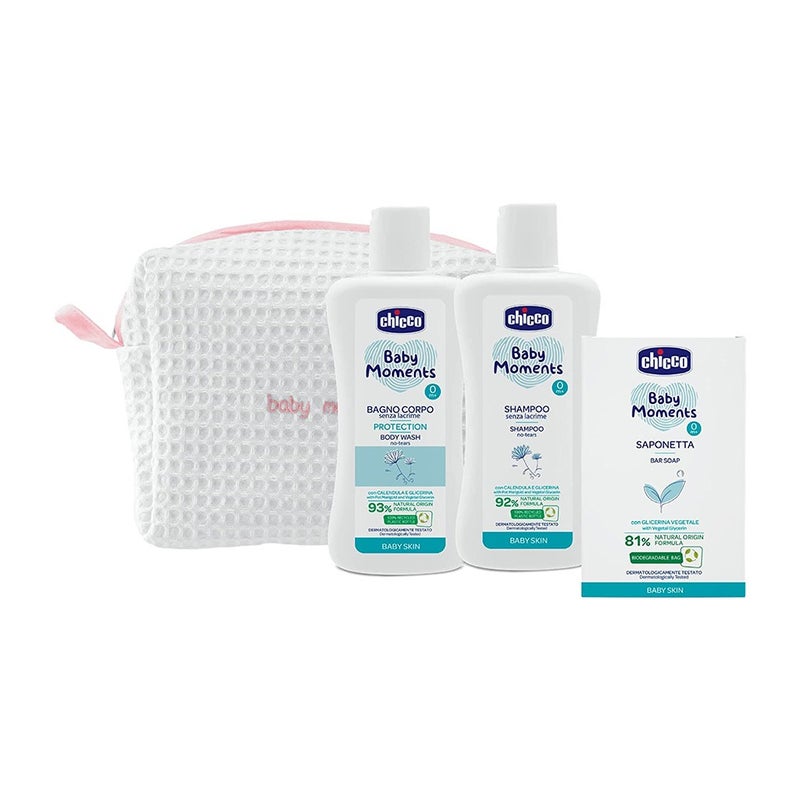 Chicco Baby Moments Beauty Pink Zip Bag With 3 Baby Bath & Skin Care Essentials - Gift Set