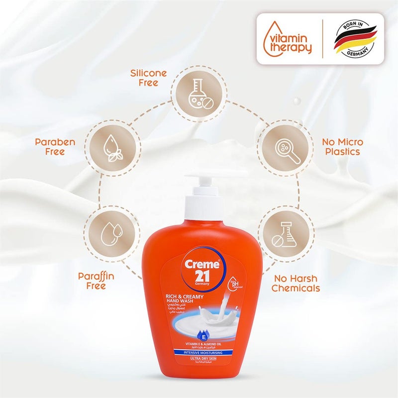 Creme 21 Rich & Creamy Intensive Moisturizing Hand Wash For Ultra Dry Skin 250ml, Value Pack of 3's