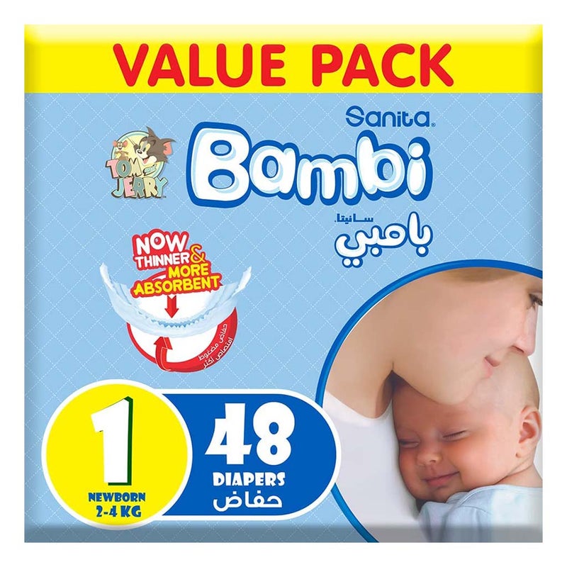 Sanita Bambi Tom And Jerry Baby Diapers, Size 1, For New Born With 2-4 Kg, Value Pack of 48's