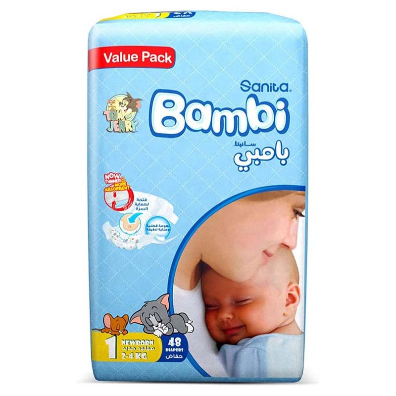 Sanita Bambi Tom And Jerry Baby Diapers, Size 1, For New Born With 2-4 Kg, Value Pack of 48's