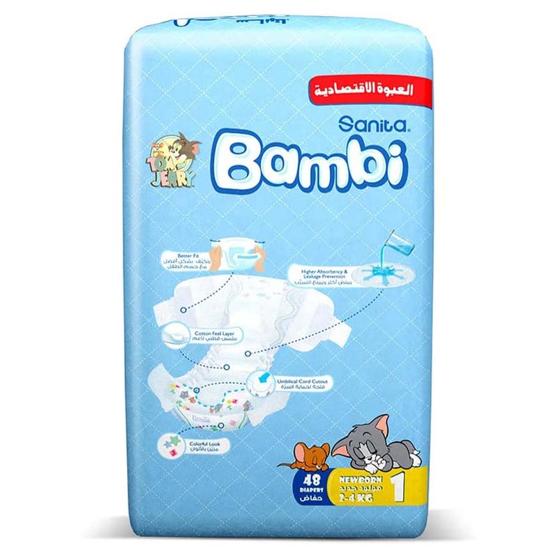 Sanita Bambi Tom And Jerry Baby Diapers, Size 1, For New Born With 2-4 Kg, Value Pack of 48's