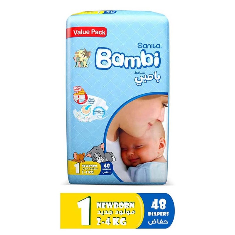 Sanita Bambi Tom And Jerry Baby Diapers, Size 1, For New Born With 2-4 Kg, Value Pack of 48's