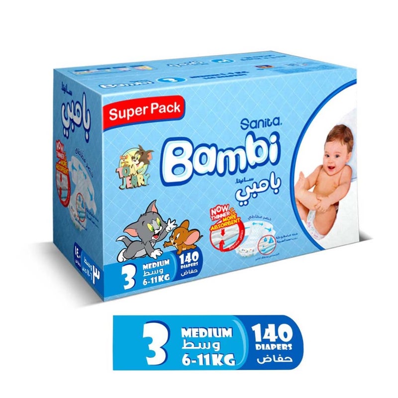 Sanita Bambi Tom And Jerry Baby Diapers, Size 3, Medium For 6-11 Kg Baby, Super Pack of 140's