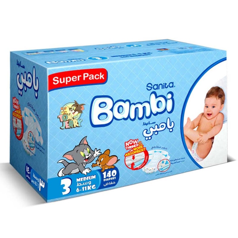 Sanita Bambi Tom And Jerry Baby Diapers, Size 3, Medium For 6-11 Kg Baby, Super Pack of 140's