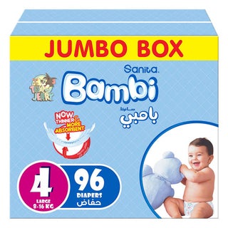 Sanita Bambi Tom And Jerry Baby Diapers, Size 4, Large For 8-16 Kg Baby, Jumbo Box of 96's 