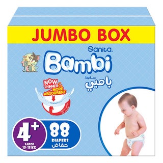 Sanita Bambi Tom And Jerry Baby Diapers, Size 4+, Large For 10-18 Kg Baby, Jumbo Box of 88's