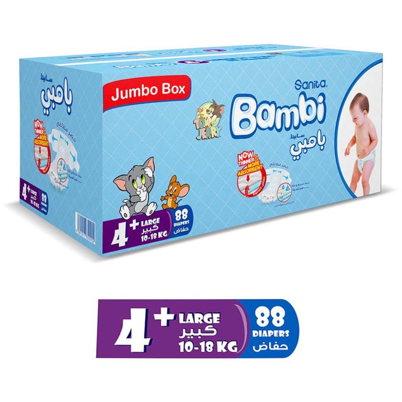 Sanita Bambi Tom And Jerry Baby Diapers, Size 4+, Large For 10-18 Kg Baby, Jumbo Box of 88's