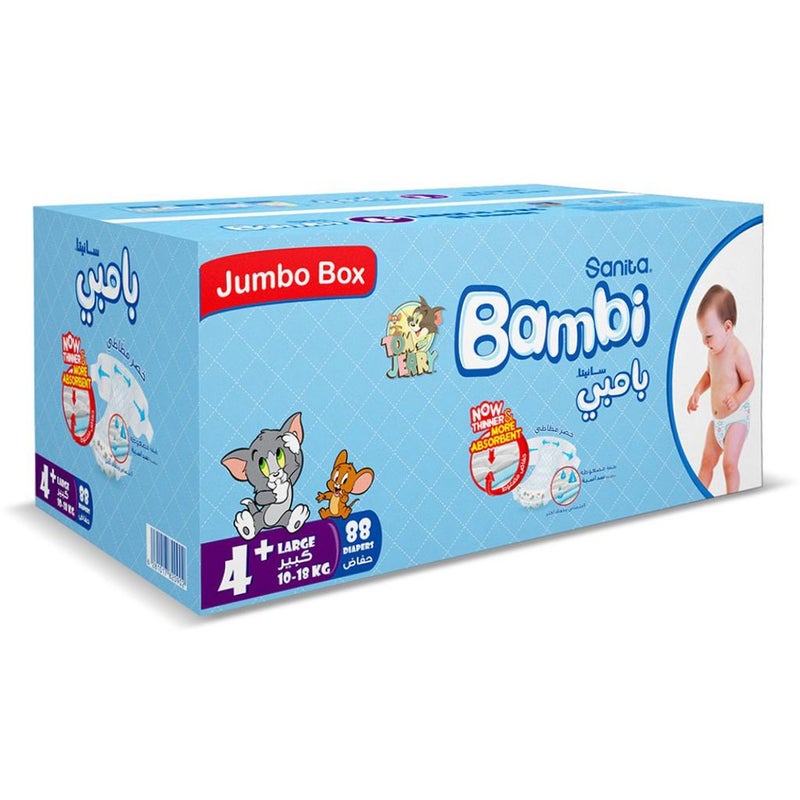 Sanita Bambi Tom And Jerry Baby Diapers, Size 4+, Large For 10-18 Kg Baby, Jumbo Box of 88's