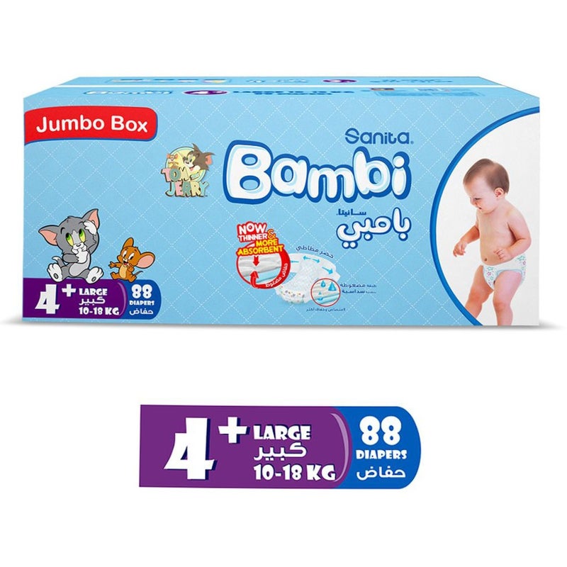 Sanita Bambi Tom And Jerry Baby Diapers, Size 4+, Large For 10-18 Kg Baby, Jumbo Box of 88's
