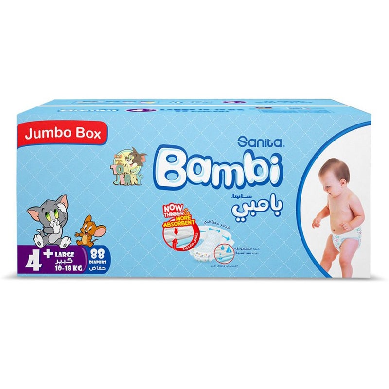 Sanita Bambi Tom And Jerry Baby Diapers, Size 4+, Large For 10-18 Kg Baby, Jumbo Box of 88's
