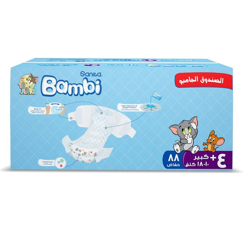 Sanita Bambi Tom And Jerry Baby Diapers, Size 4+, Large For 10-18 Kg Baby, Jumbo Box of 88's