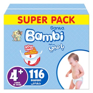 Sanita Bambi Tom And Jerry Baby Diapers, Size 4+, Large For 10-18 Kg Baby, Super Pack of 116's