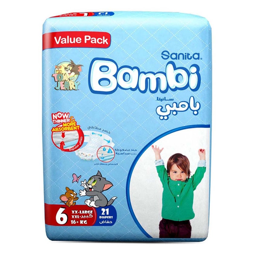 Sanita Bambi Tom And Jerry Baby Diapers, Size 6, XX-Large For 16+Kg Baby, Value Pack of 21's