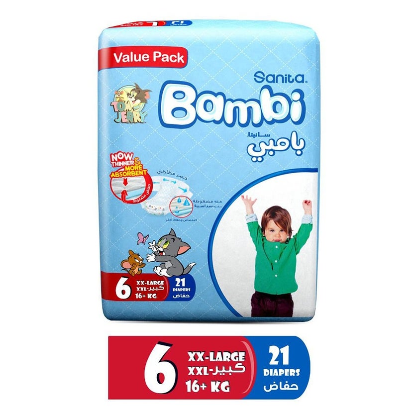 Sanita Bambi Tom And Jerry Baby Diapers, Size 6, XX-Large For 16+Kg Baby, Value Pack of 21's