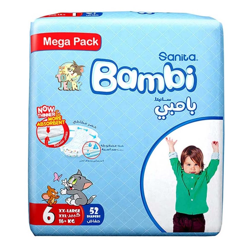 Sanita Bambi Tom And Jerry Baby Diapers, Size 6, XX-Large For 16+Kg Baby, Mega Pack of 104's