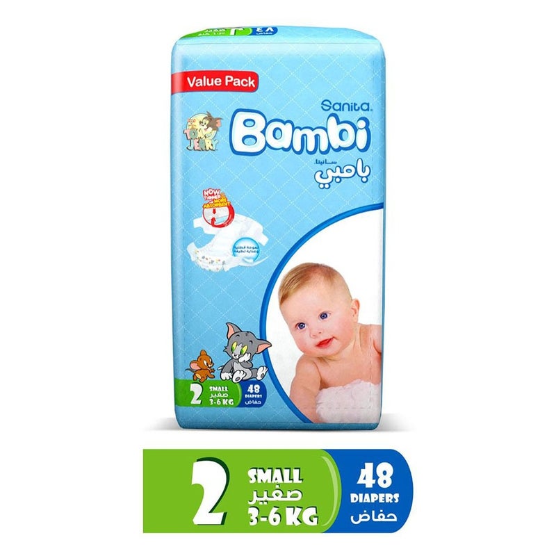 Sanita Bambi Tom And Jerry Baby Diapers, Size 2, Small, For 3-6 Kg Baby, Value Pack of 48's 