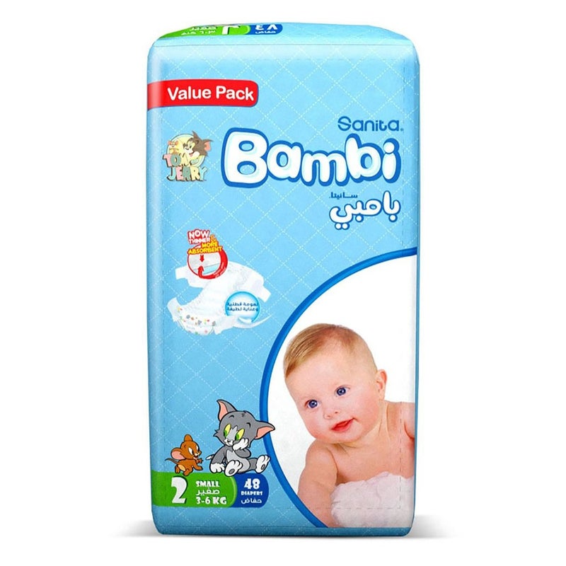 Sanita Bambi Tom And Jerry Baby Diapers, Size 2, Small, For 3-6 Kg Baby, Value Pack of 48's 