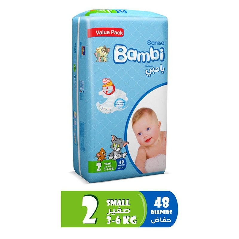 Sanita Bambi Tom And Jerry Baby Diapers, Size 2, Small, For 3-6 Kg Baby, Value Pack of 48's 