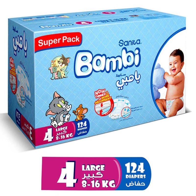 Sanita Bambi Tom And Jerry Baby Diapers, Size 4, Large For 8-16 Kg Baby, Super Pack of 124's 