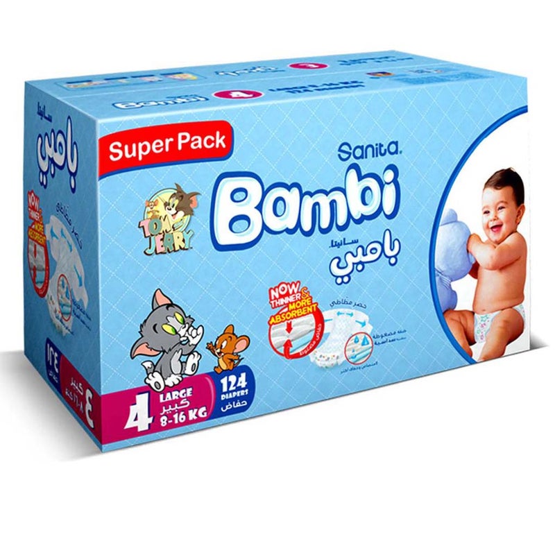 Sanita Bambi Tom And Jerry Baby Diapers, Size 4, Large For 8-16 Kg Baby, Super Pack of 124's 