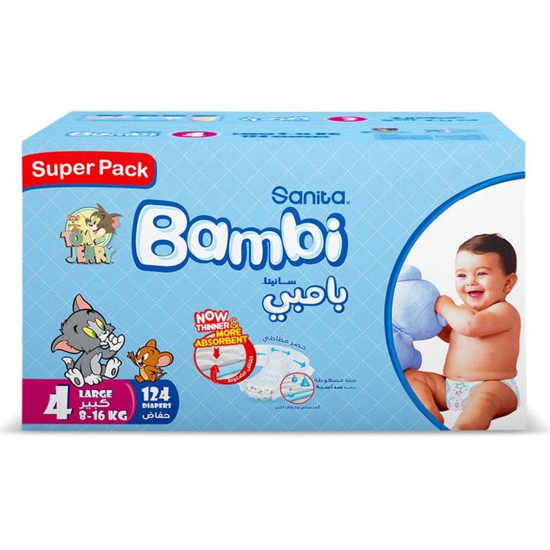 Sanita Bambi Tom And Jerry Baby Diapers, Size 4, Large For 8-16 Kg Baby, Super Pack of 124's 