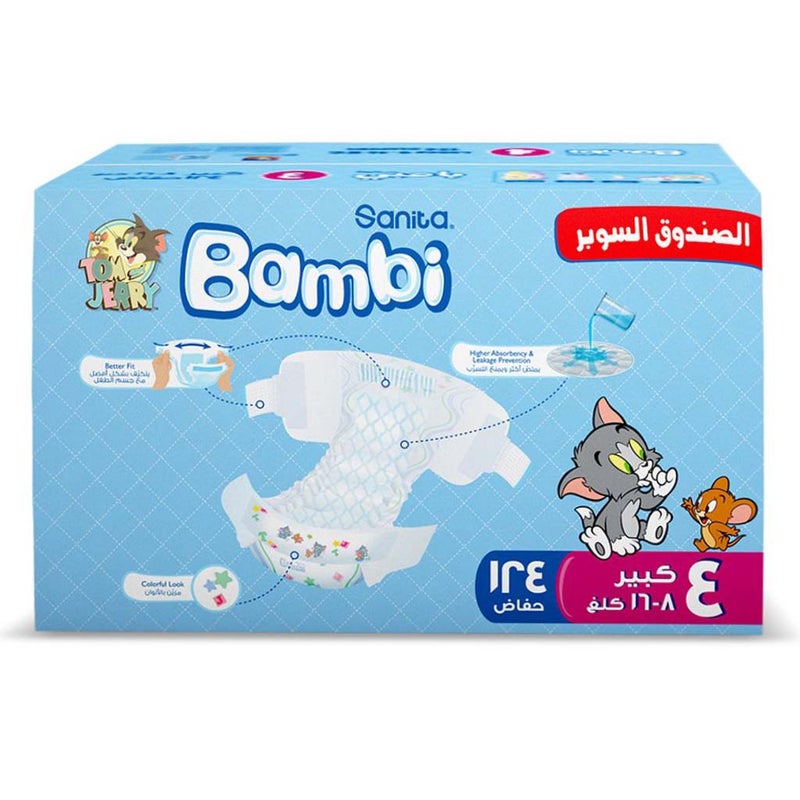Sanita Bambi Tom And Jerry Baby Diapers, Size 4, Large For 8-16 Kg Baby, Super Pack of 124's 