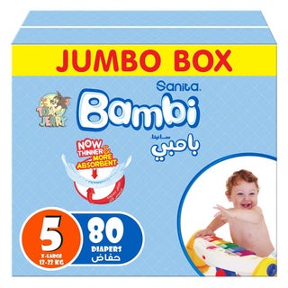 Sanita Bambi Tom And Jerry Baby Diapers, Size 5, X-Large, For 12-22 Kg Baby, Jumbo Box of 80's 