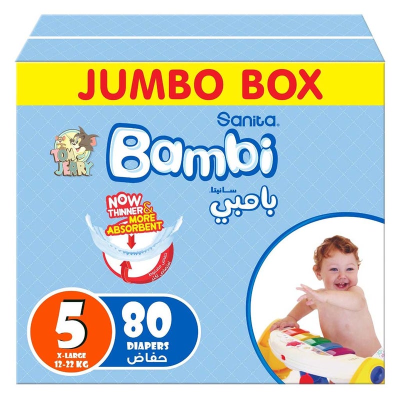 Sanita Bambi Tom And Jerry Baby Diapers, Size 5, X-Large, For 12-22 Kg Baby, Jumbo Box of 80's 