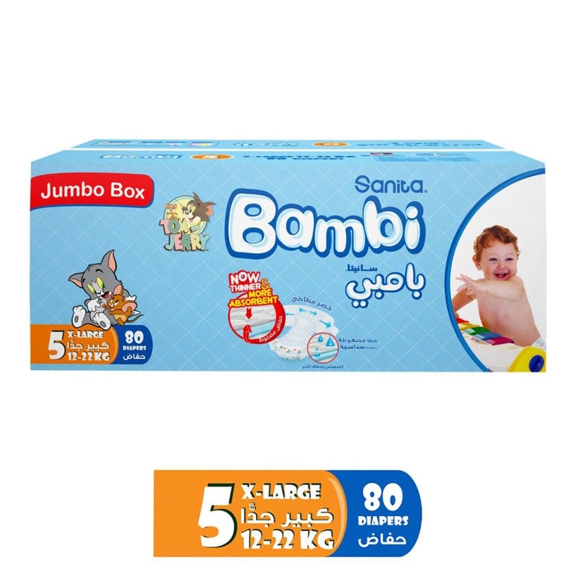 Sanita Bambi Tom And Jerry Baby Diapers, Size 5, X-Large, For 12-22 Kg Baby, Jumbo Box of 80's 